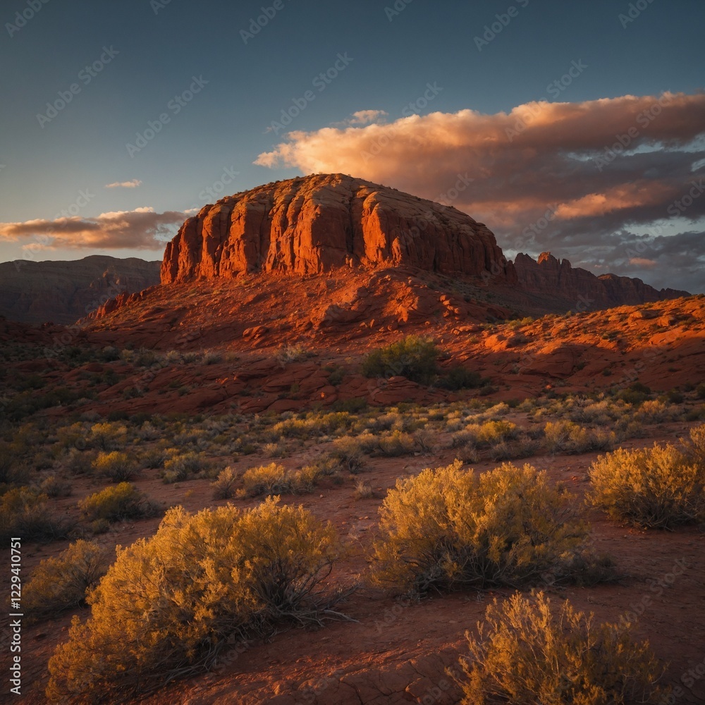 Fototapeta premium A glowing red rock mountain at sunset.