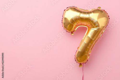 Golden helium balloon with number 7 on pink background, birthday banner