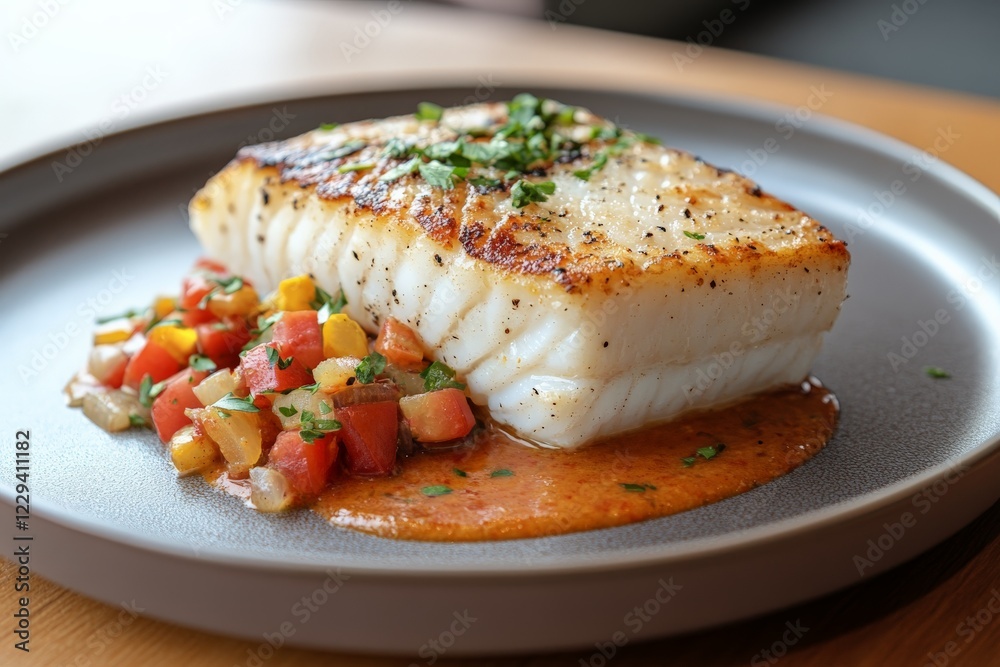 Grilled white fish served with fresh vegetable salsa and sauce on a simple plate Grilled white fish served with fresh vegetable salsa and sauce on a simple plate