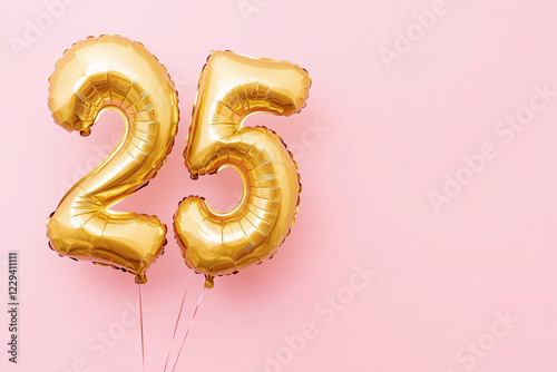 Golden helium balloon with number 25 on pink background, birthday banner photo