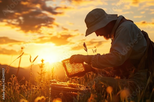 Sunset moments of a beekeeper harvesting golden honeycomb in nature. Generative AI photo
