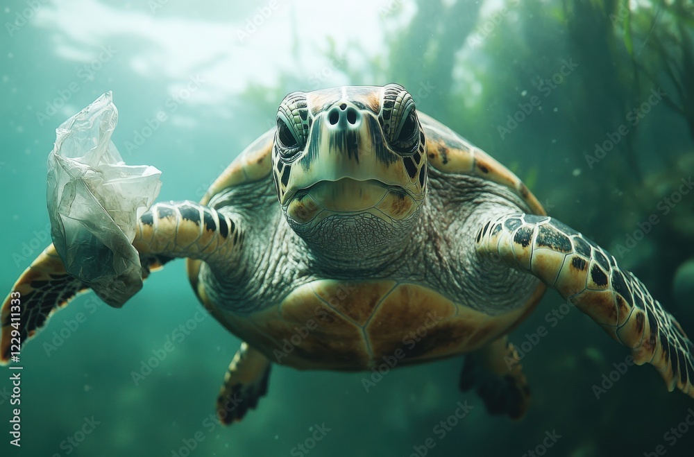 Obraz premium Majestic Sea Turtle Swimming in Ocean with Plastic Waste, Highlighting Marine Pollution and Threats to Aquatic Life and Ecosystem Conservation Efforts