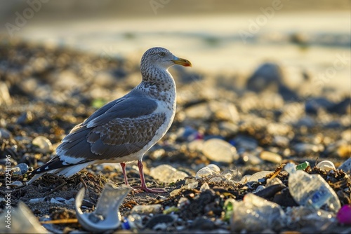 Wallpaper Mural A seagull (Larinae) stands on a beach littered with plastic waste in the light of the sunset, AI generated, AI generated Torontodigital.ca