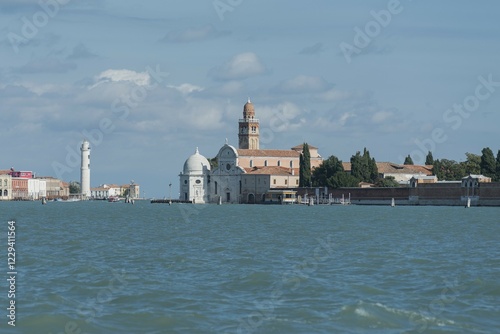 Cemetery island San Michele, San Michele in Isola church and hexagonal Cappella Emiliani, Murano lighthouse, Venetian Lagoon, Veneto, Italy, Europe photo