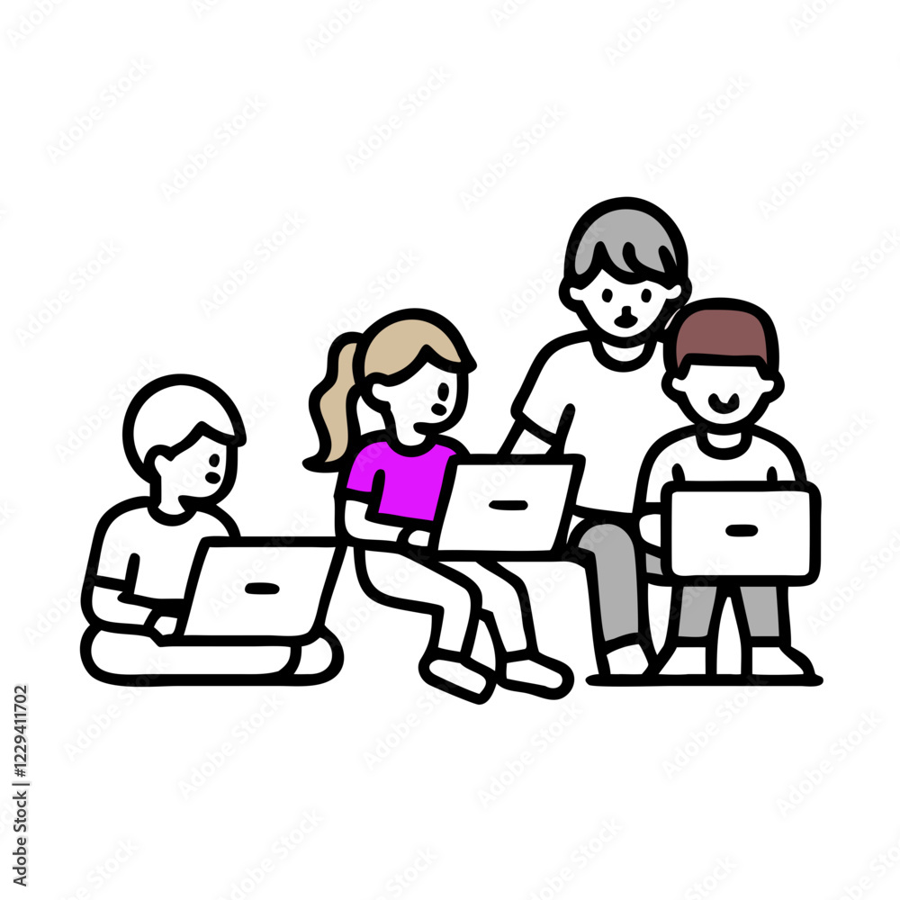 Illustration of Collaborative Learning and Group Study Sessions, Depicting Students Engaging in Discussions and Technology-Assisted Education in a Modern Academic or Professional Setting Illustration of Collaborative Learning and Group Study Sessions, Depicting Students Engaging in Discussions and Technology-Assisted Education in a Modern Academic or Professional Setting