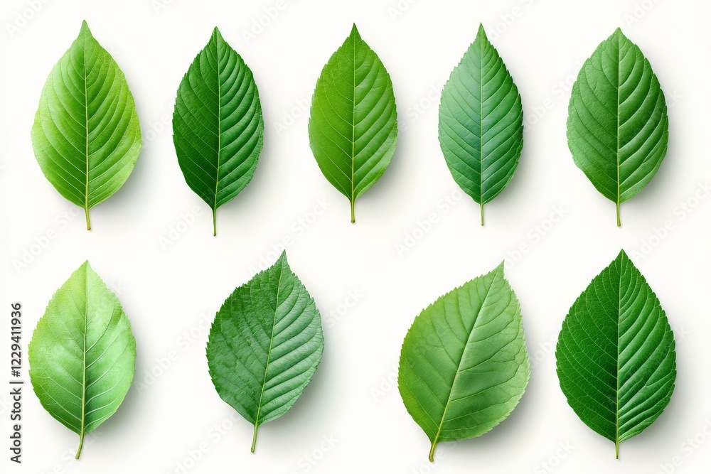 Varieties of green leaves arranged in a grid showcasing different shapes and textures under natural light Varieties of green leaves arranged in a grid showcasing different shapes and textures under natural light