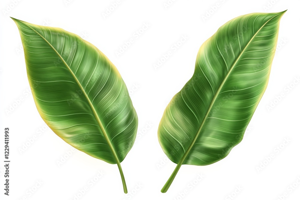 Obraz premium Green tropical leaves showcasing glossy texture and intricate vein patterns in a bright lighting environment