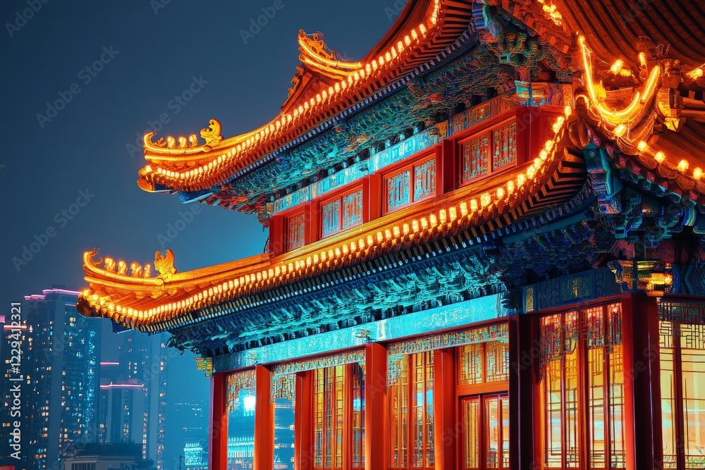 Ancient Chinese architecture illuminated at night with bright colors in a modern city backdrop Ancient Chinese architecture illuminated at night with bright colors in a modern city backdrop