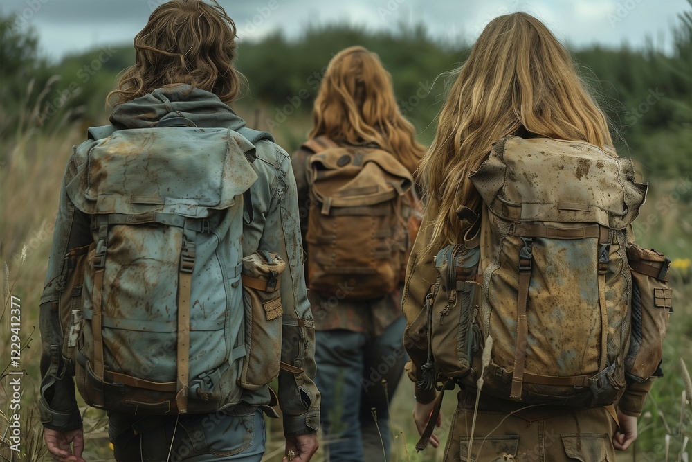 Obraz premium Two woman and a man in adventurous and dirty outfits hike in the great outdoors. AI generated, AI generated