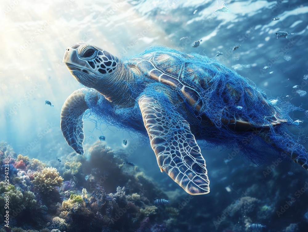 Fototapeta premium Majestic Sea Turtle Swimming Through Ocean Depths, Entangled in Fishing Net Amidst Colorful Coral Reef and School of Small Fish in Clear Water