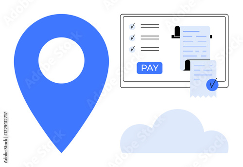 Location marker, cloud, and tablet displaying digital receipt with payment option. Ideal for themes of online payments, e-commerce, digital transactions, cloud services, navigation, business finance
