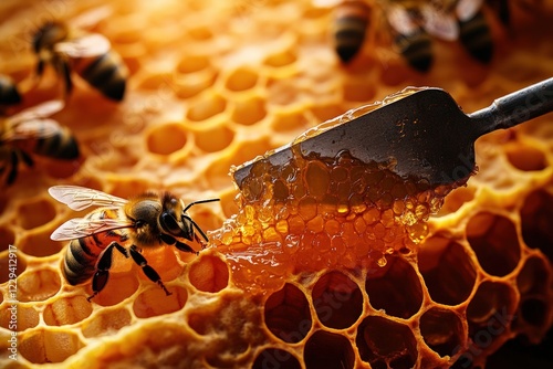 Crafting sweetness with care while tending to a busy hive near golden honeycomb. Generative AI photo