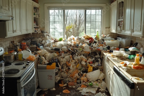 Cluttered kitchen filled with garbage piles and disarray during a daylight scene in a neglected home