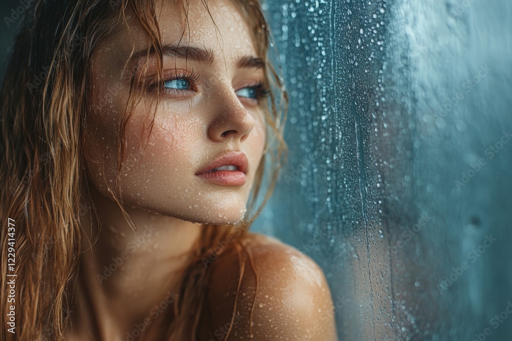 Obraz premium Reflections of a young woman gazing out a rain-soaked window during a tranquil moment