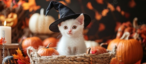 White kitten wearing witch hat in Halloween setting.