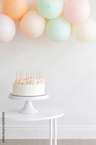 A white cake with pink frosting and flowers on top sits on a white table. The cake is decorated with candles, and there are several balloons in the background. The scene is festive and celebratory