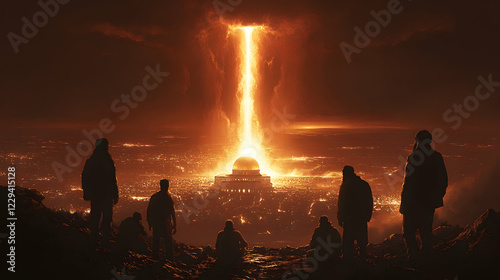 City engulfed in fiery beam, people watch from hilltop, apocalyptic scene, concept art