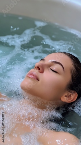 Woman relaxing in bath with foam.