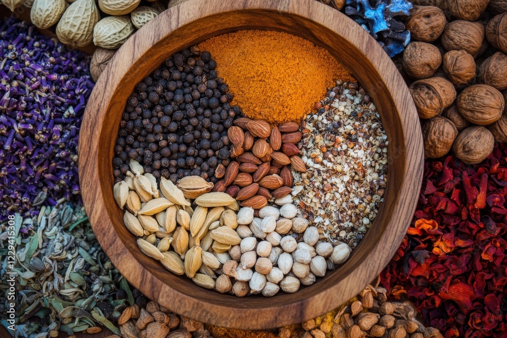 Fototapeta premium A wooden bowl filled with various types of spices