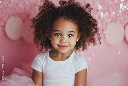 Little girl with curly hair on pink birthday background