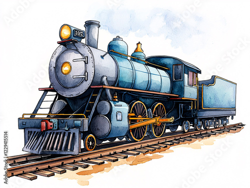 Colorful illustration of a vintage steam locomotive on tracks, surrounded by a scenic backdrop