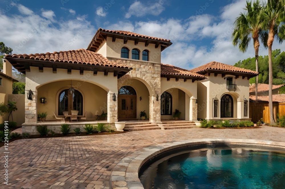 Fototapeta premium Luxurious mediterranean revival style home with tile roof and paver driveway.
