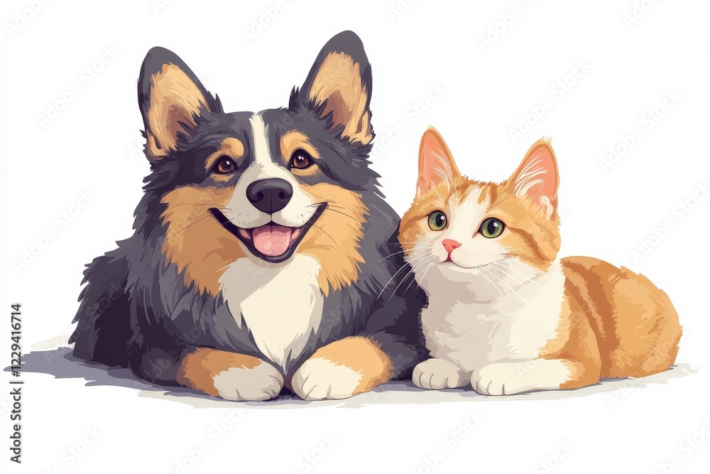 Two adorable pets relax together in a cheerful and colorful illustration of a dog and cat Two adorable pets relax together in a cheerful and colorful illustration of a dog and cat