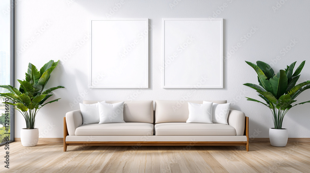 Modern living room featuring a stylish sofa, empty frames, and vibrant indoor plants, creating a serene atmosphere Modern living room featuring a stylish sofa, empty frames, and vibrant indoor plants, creating a serene atmosphere