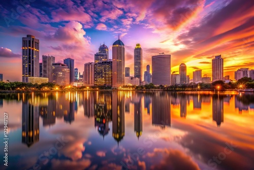 Urban night photography captures a serene dusk: city lights mirrored in tranquil waters.