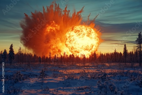 Massive explosion lights up winter landscape at dusk with vibrant colors and dramatic sky