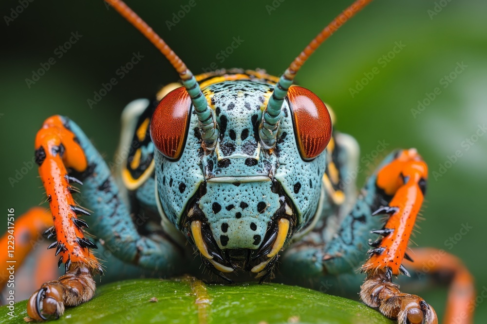 Fototapeta premium Colorful grasshopper perched on a green leaf in a tropical environment during daylight hours