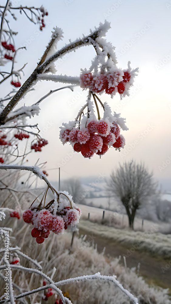 Red viburnum berries covered with frost on a branch in a winter landscape Red viburnum berries covered with frost on a branch in a winter landscape