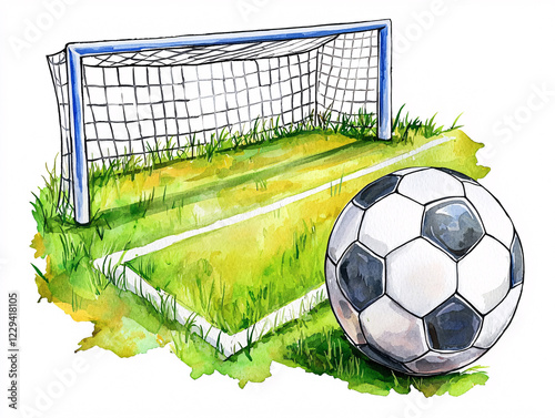 Watercolor illustration of a soccer ball near a goalpost on a grassy field with vibrant colors photo