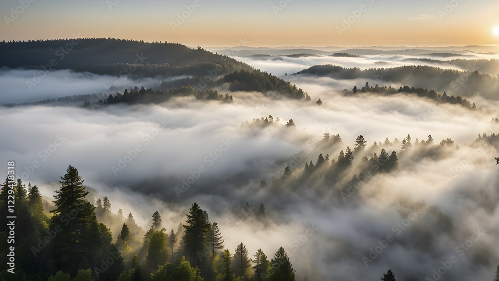 Aerial view of fog covered forest in summer with mystic golden sunlight, AI generated Aerial view of fog covered forest in summer with mystic golden sunlight, AI generated