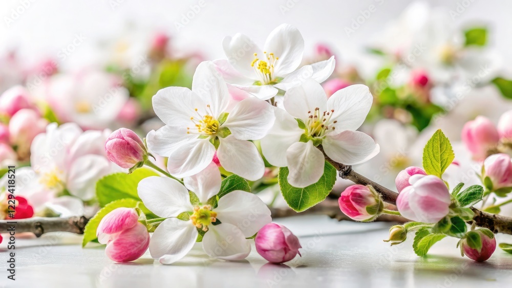White backdrop showcases vibrant apple blossoms; pure springtime food photography. White backdrop showcases vibrant apple blossoms; pure springtime food photography.