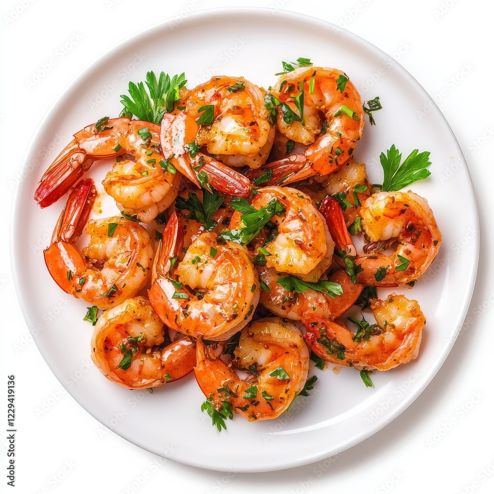 A plate of spicy garlic butter shrimp with parsley, isolated white background, hyperrealism art style A plate of spicy garlic butter shrimp with parsley, isolated white background, hyperrealism art style