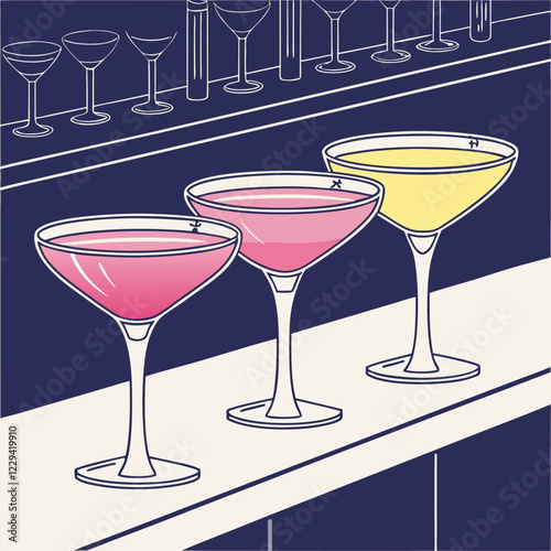  Gradient-Enhanced Martini Glasses with Colorful Drinks on a Glossy Bar