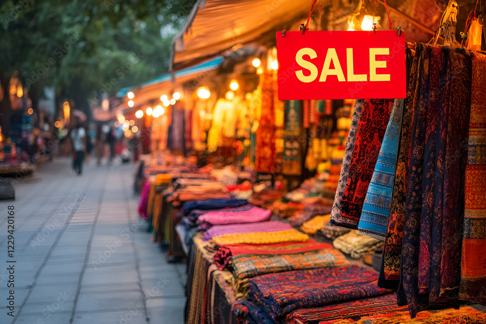 Obraz premium Vibrant Arabic market scene with colorful textiles displayed under sale sign outdoors