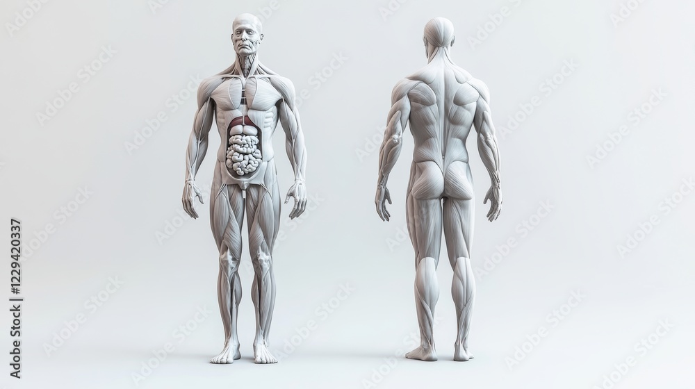 Obraz premium 3D illustration of male anatomy featuring lung cancer, set on a plain white background. 