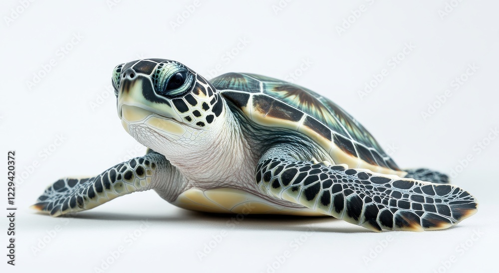 Obraz premium Realistic depiction of a sea turtle showcasing intricate detailing and lifelike features against a clean white background ideal for wildlife and marine photography