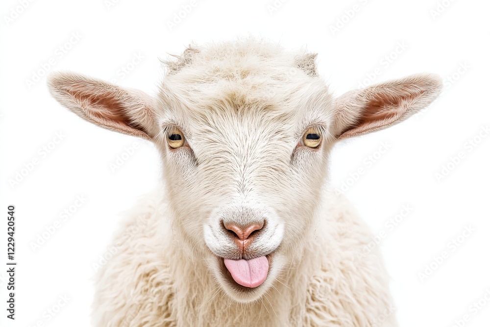 A playful white goat is sticking its tongue out against white A playful white goat is sticking its tongue out against white