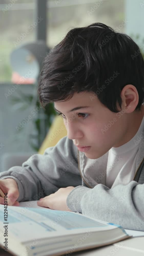 Vertical Screen: Smart young student sitting at desk at home and studying, he is writing notes Vertical Screen: Smart young student sitting at desk at home and studying, he is writing notes