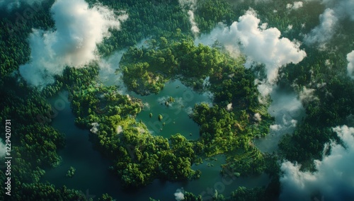 Aerial view of a beautiful lake surrounded by trees and clouds