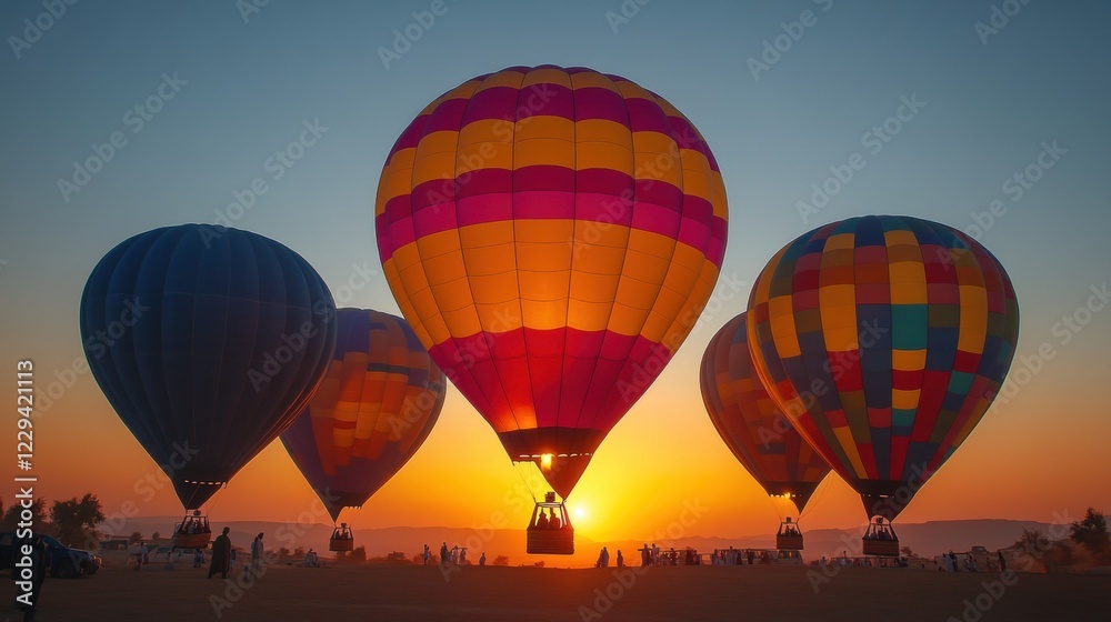 Fototapeta premium Hot air balloon festival at sunset colorful balloons scenic view outdoor experience