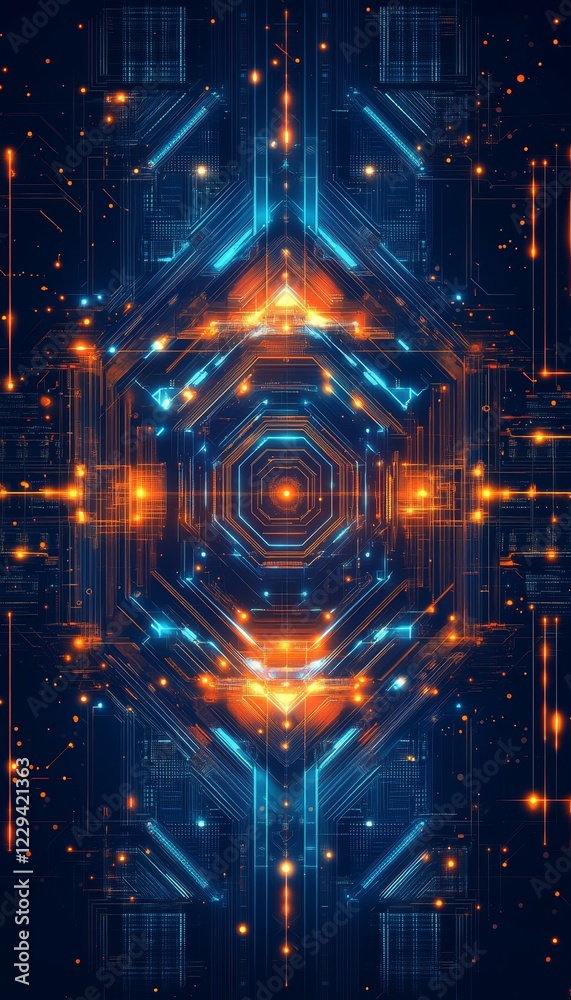 Obraz premium Futuristic Circuit Board, Glowing Blue and Orange, Symmetrical, High Detail, Vector Art Illustration