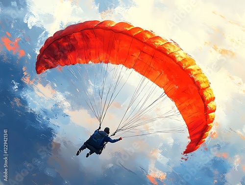 Thrilling skydiving illustration, parachutist freefalling through the sky, white background ::2 adrenaline rush, panoramic vista, canopy flair, colorful parachutes, black background, vector  photo