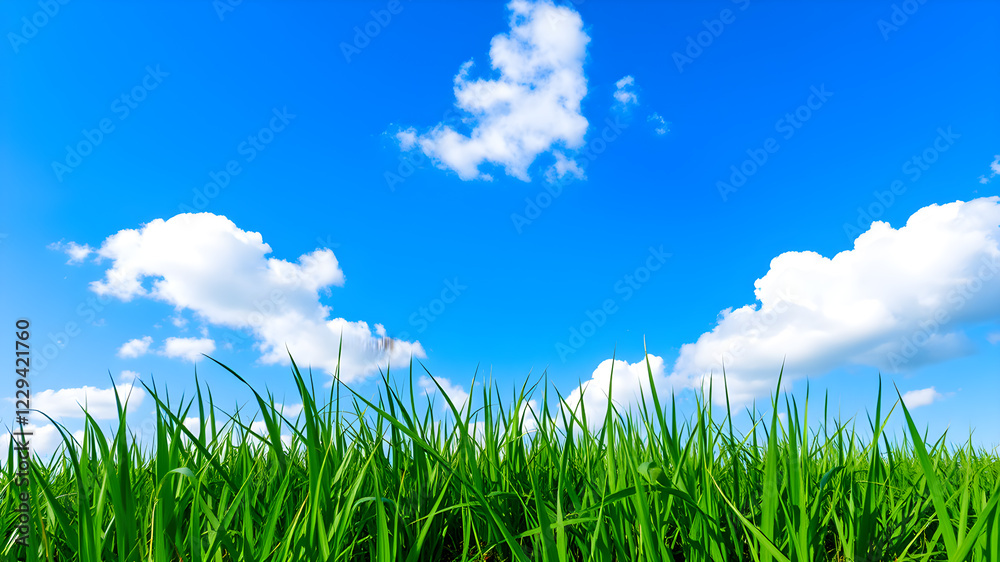 Fototapeta premium Green grass and blue sky with white clouds