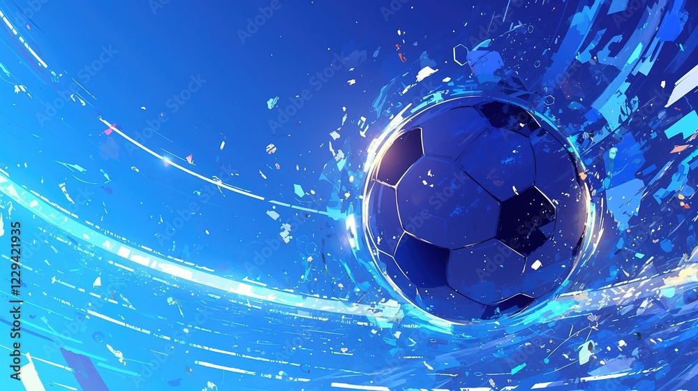 Naklejka premium Soccer Ball in Blue Abstract Particle Ring, Circle, for match. Sports background for advertising