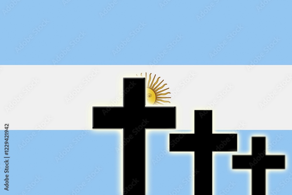 Obraz premium The Argentine flag and the silhouettes of tombstones crosses