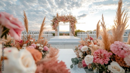 A beautiful wedding ceremony with an outdoor garden setup.